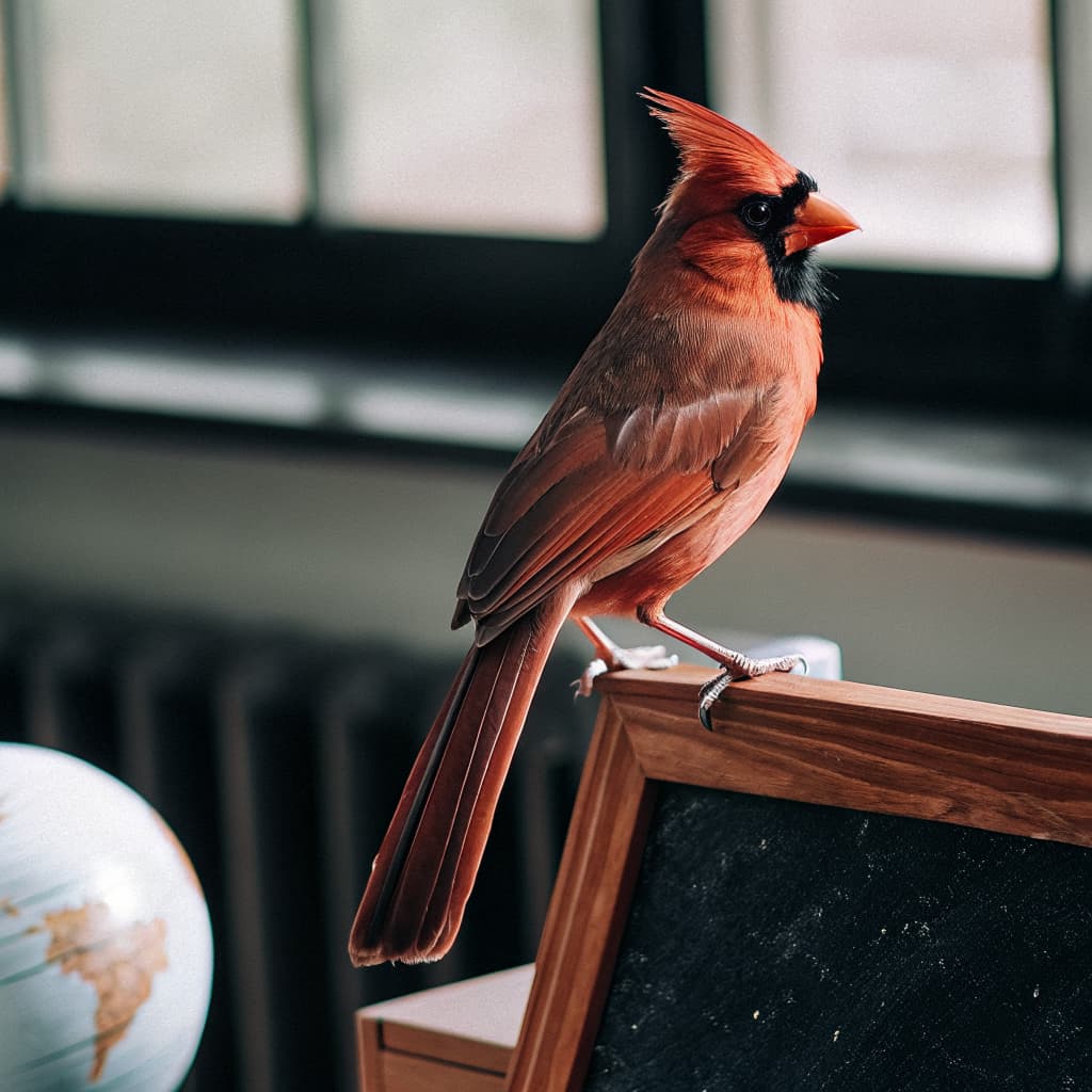 Photo of a realistic red cardinal bird perched beside a small chalkboard and globe